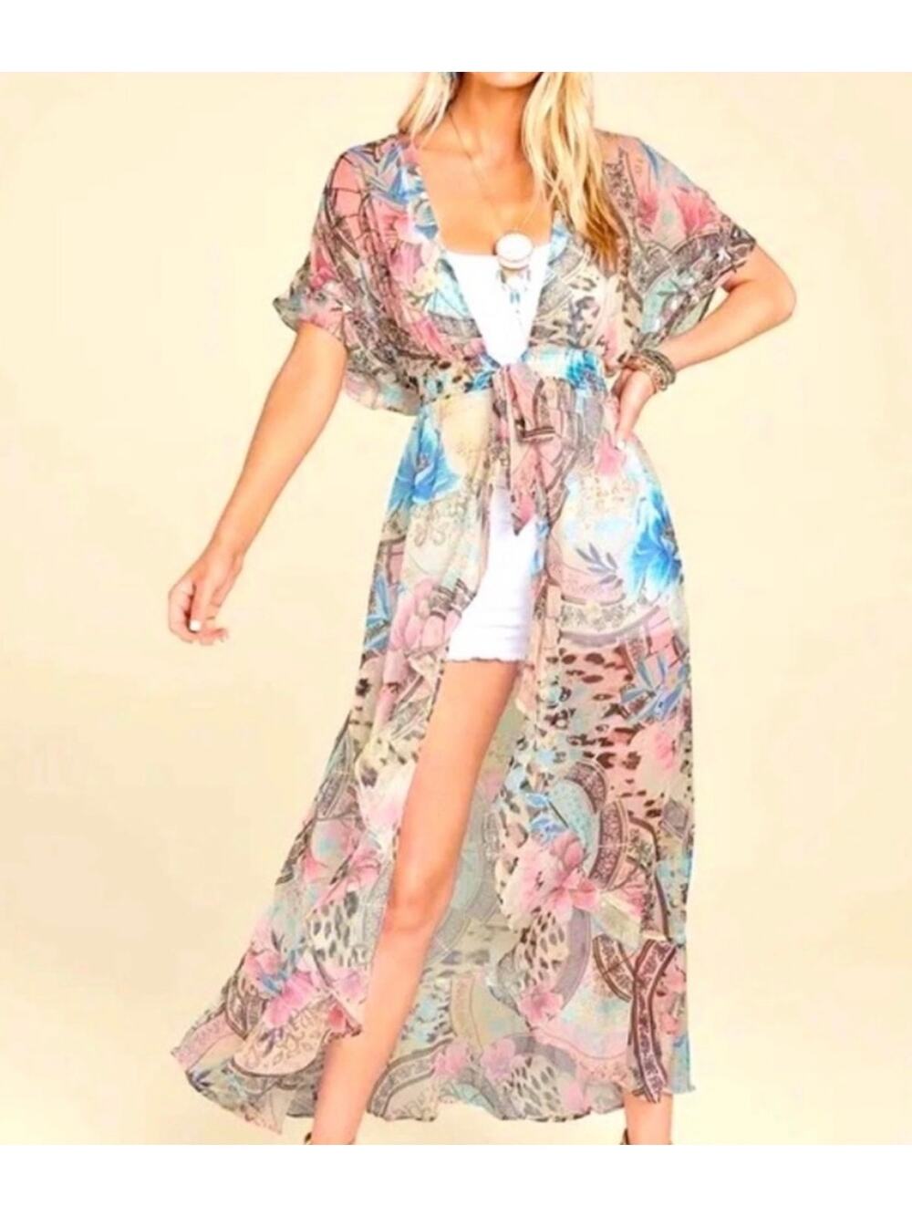 NEW Venus Sheer Floral Leopard Coverup Kimono Dress Womens Large